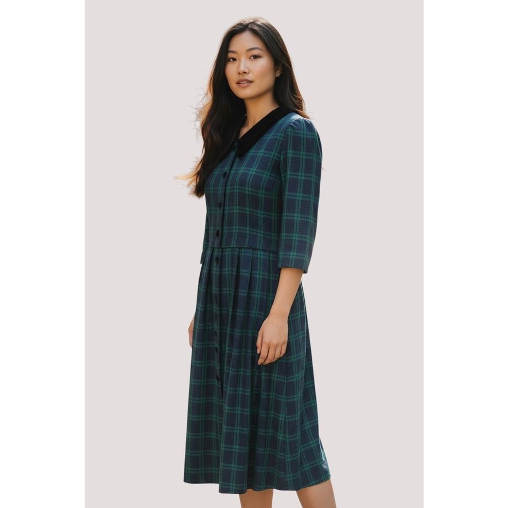 Vintage Holiday 80s Preppy Green Black Plaid Dress Dark Academia Christmas Sz 14